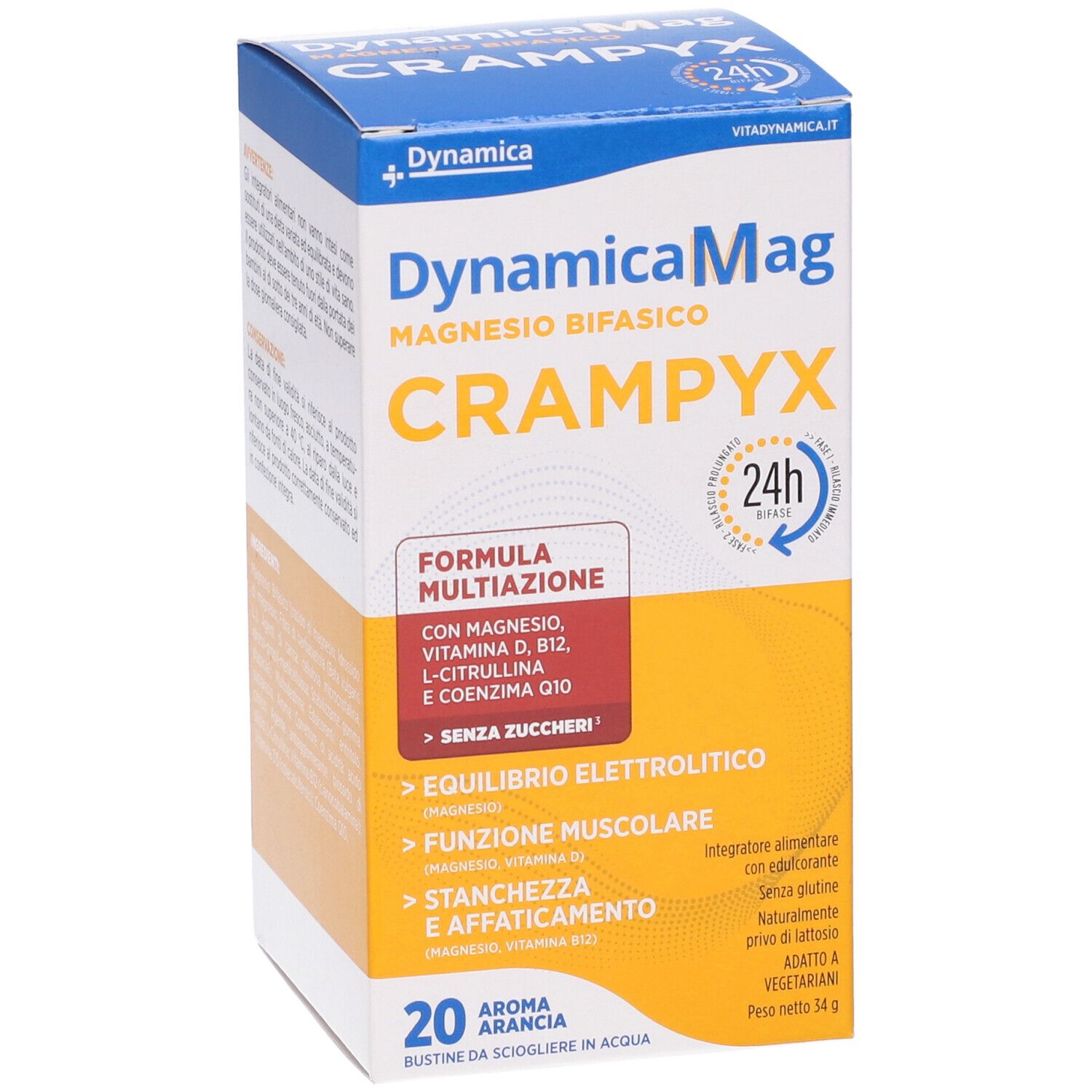 Fronte della confezione Dynamicamag Crampyx. Design bianco-arancione-blu. Contiene 20 bustine. Testo: Magnesio Bifasico, 24h.