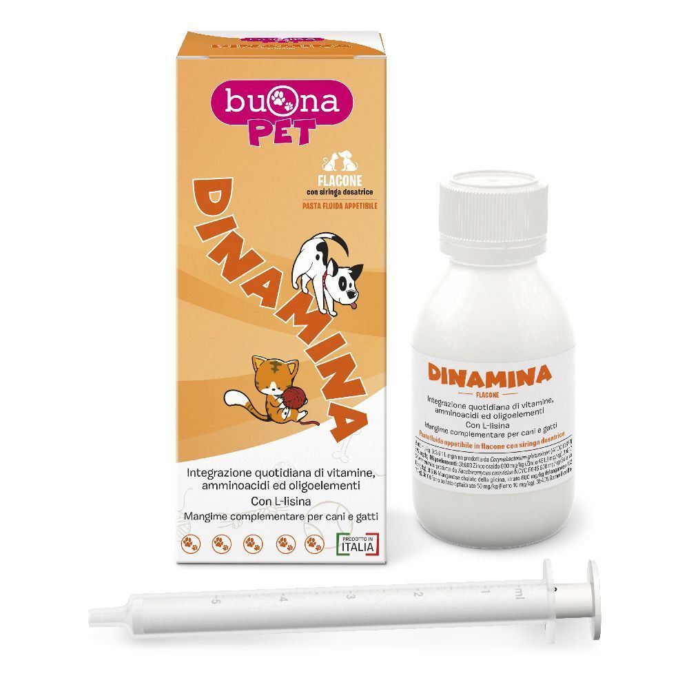 Flacone e confezione Dinamina. Include siringa. Scritta: Buonapet, Dinamina, integratore per cani e gatti.