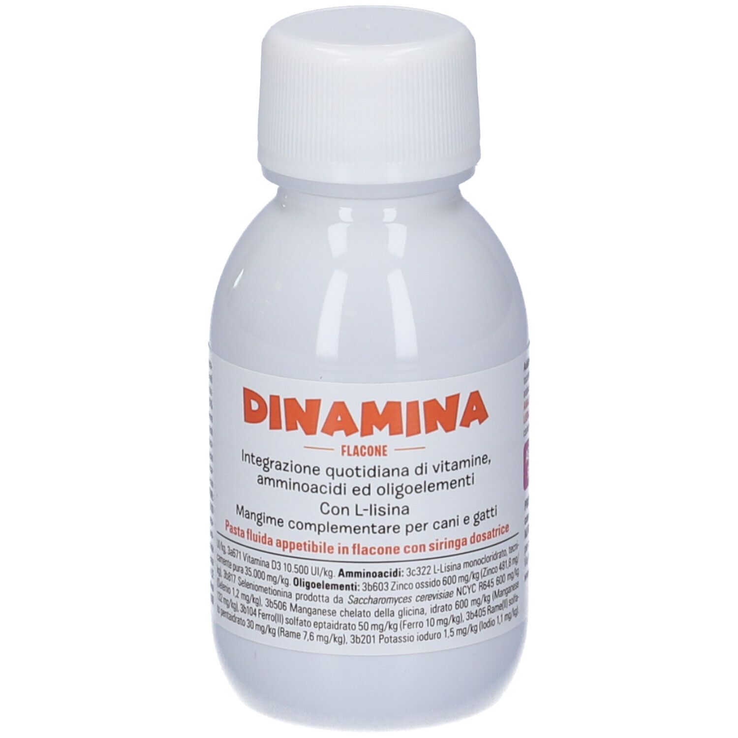 Flacone bianco con tappo bianco. Scritta: Dinamina, integratore per cani e gatti. Include siringa.