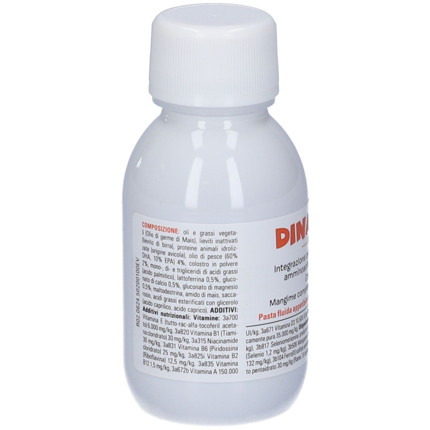 Flacone bianco con tappo bianco. Scritta: Dinamina, integratore per cani e gatti. Include siringa.