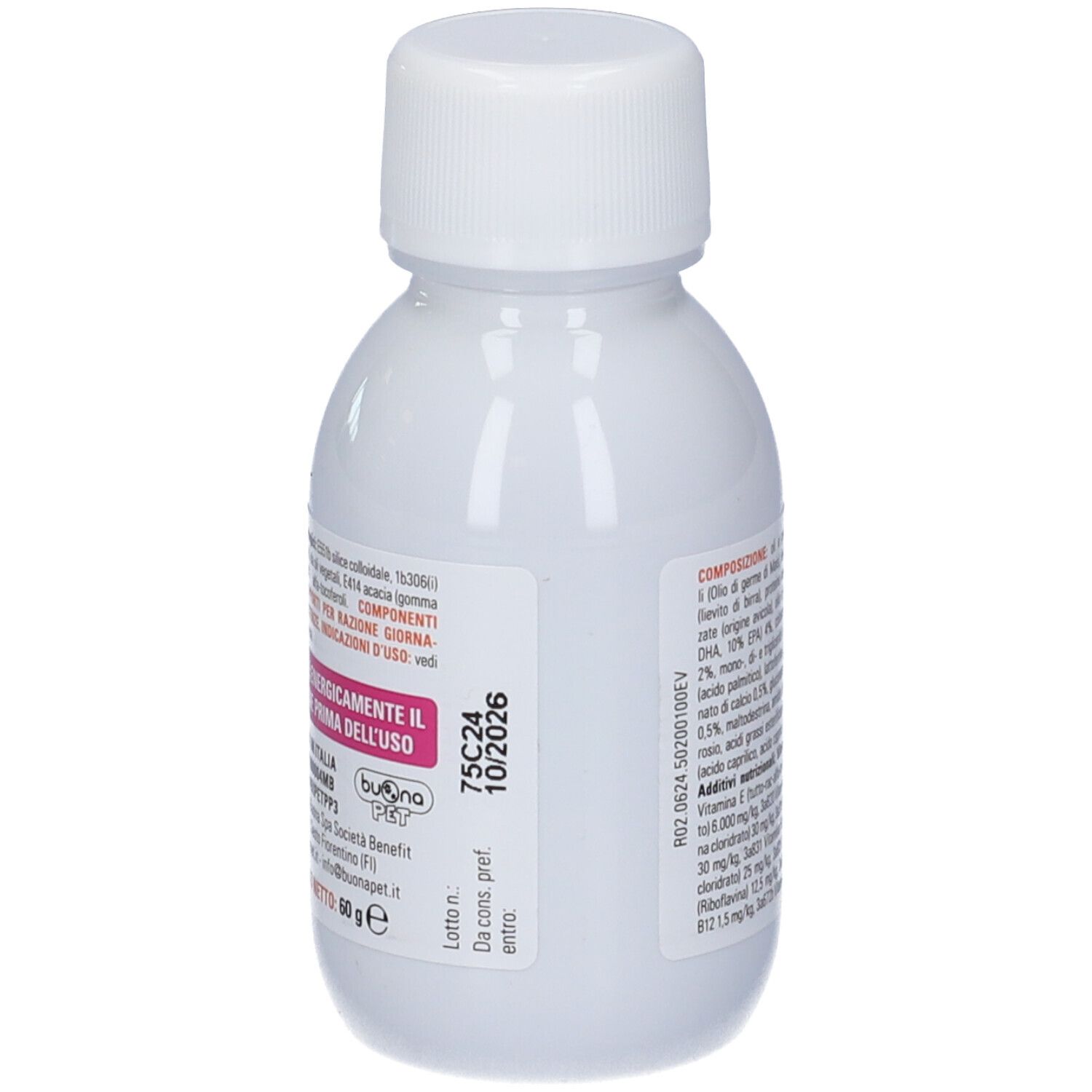 Flacone bianco con tappo bianco. Scritta: Dinamina, integratore per cani e gatti. Include siringa.