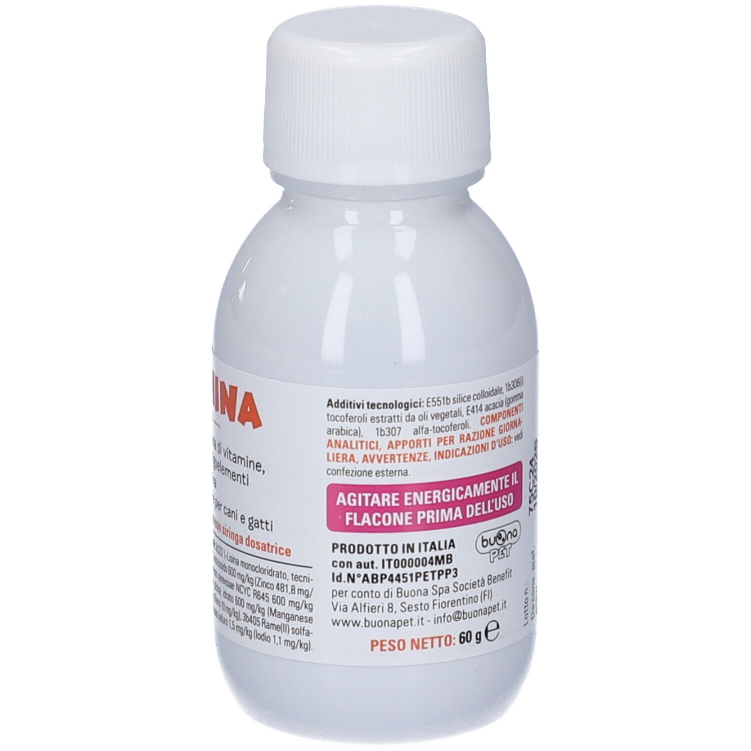Flacone bianco con tappo bianco. Scritta: Dinamina, integratore per cani e gatti. Include siringa.