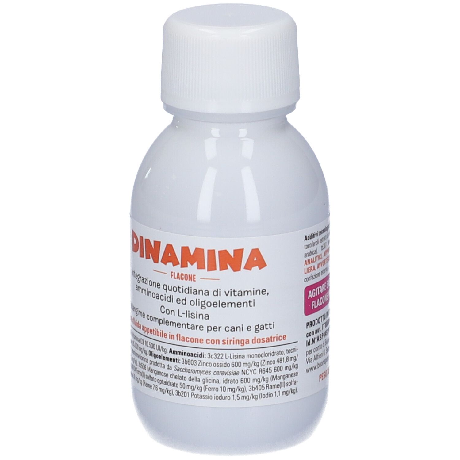 Flacone bianco con tappo bianco. Scritta: Dinamina, integratore per cani e gatti. Include siringa.