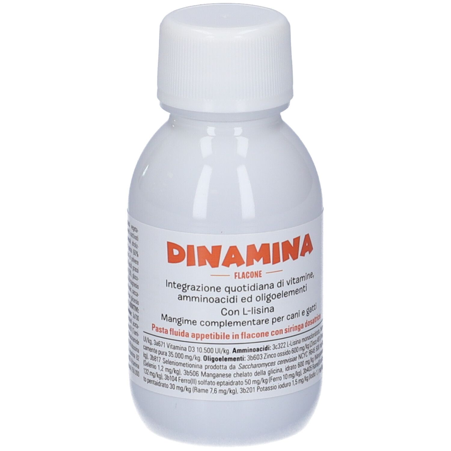 Flacone bianco con tappo bianco. Scritta: Dinamina, integratore per cani e gatti. Include siringa.