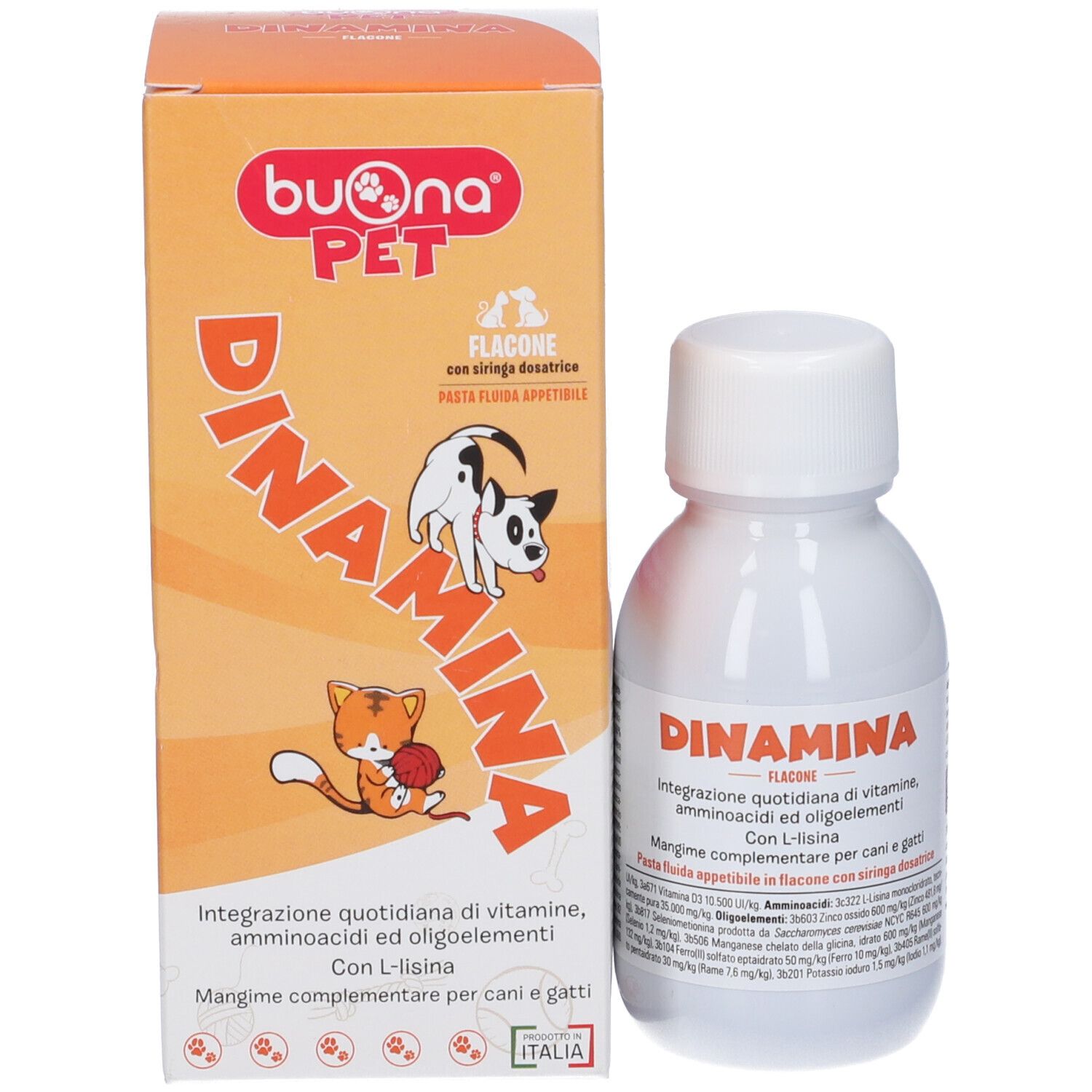 Flacone e confezione Dinamina. Scritta: Buonapet, Dinamina, integratore per cani e gatti.