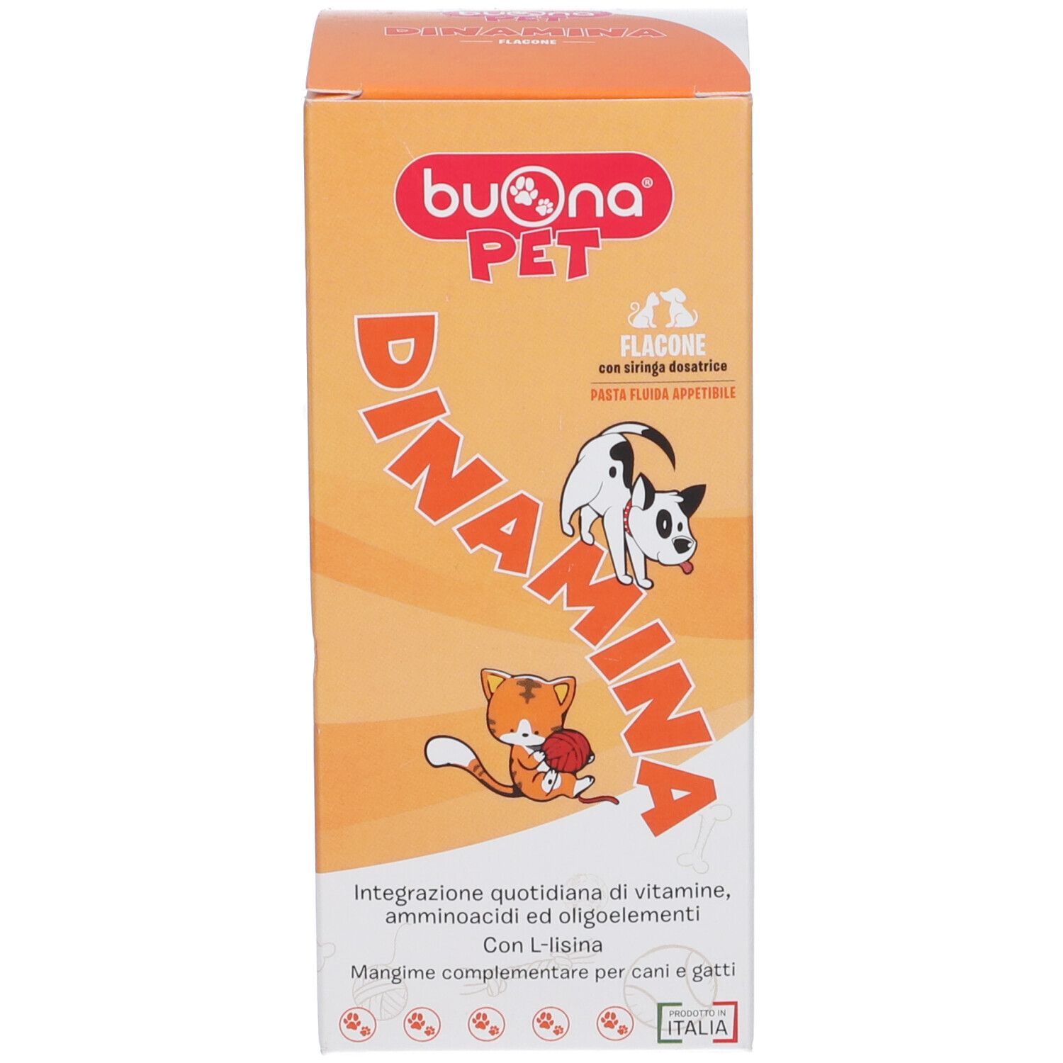 Confezione di Dinamina. Scritta: Buonapet, Dinamina, integratore per cani e gatti.