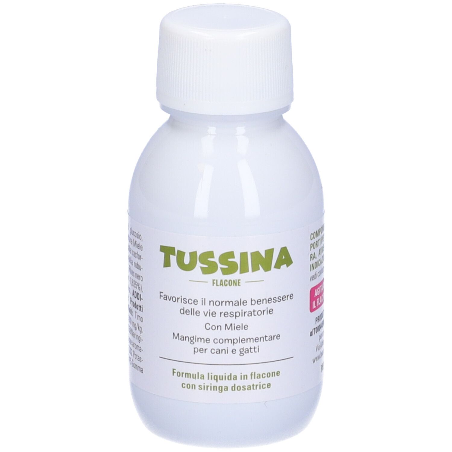 Flacone di Tussina. Scritta: Tussina, per cani e gatti. Con miele. Formula liquida con siringa dosatrice.