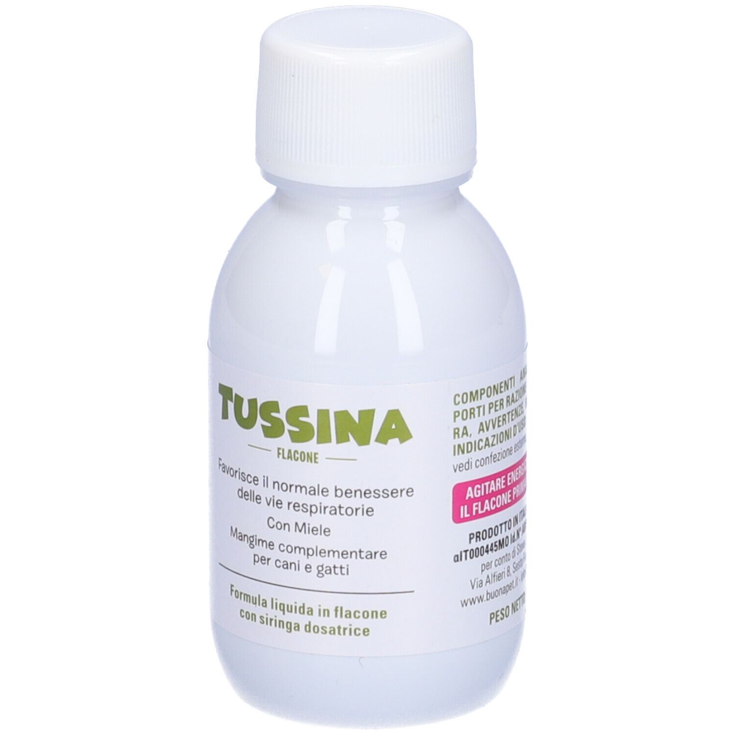 Flacone di Tussina. Scritta: Tussina, per cani e gatti. Con miele. Formula liquida con siringa dosatrice.