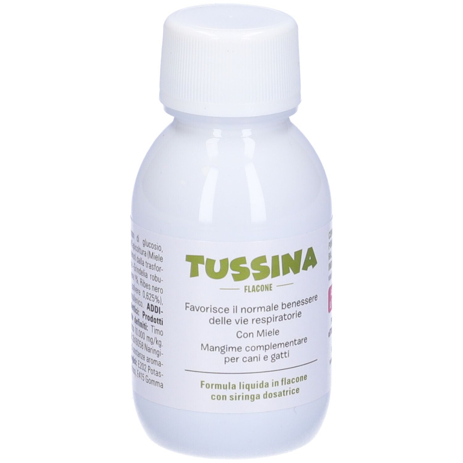 Flacone di Tussina. Scritta: Tussina, per cani e gatti. Con miele. Formula liquida con siringa dosatrice.