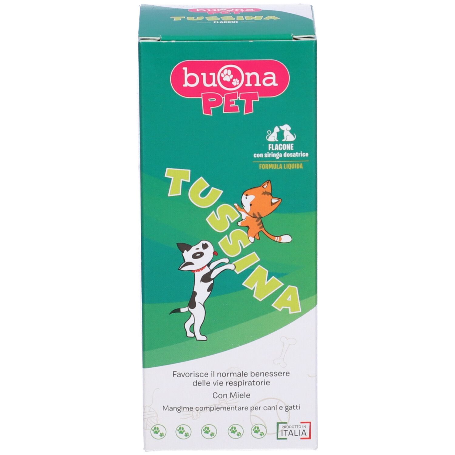 Confezione di Tussina. Scritta: Tussina, per cani e gatti. Con siringa dosatrice.