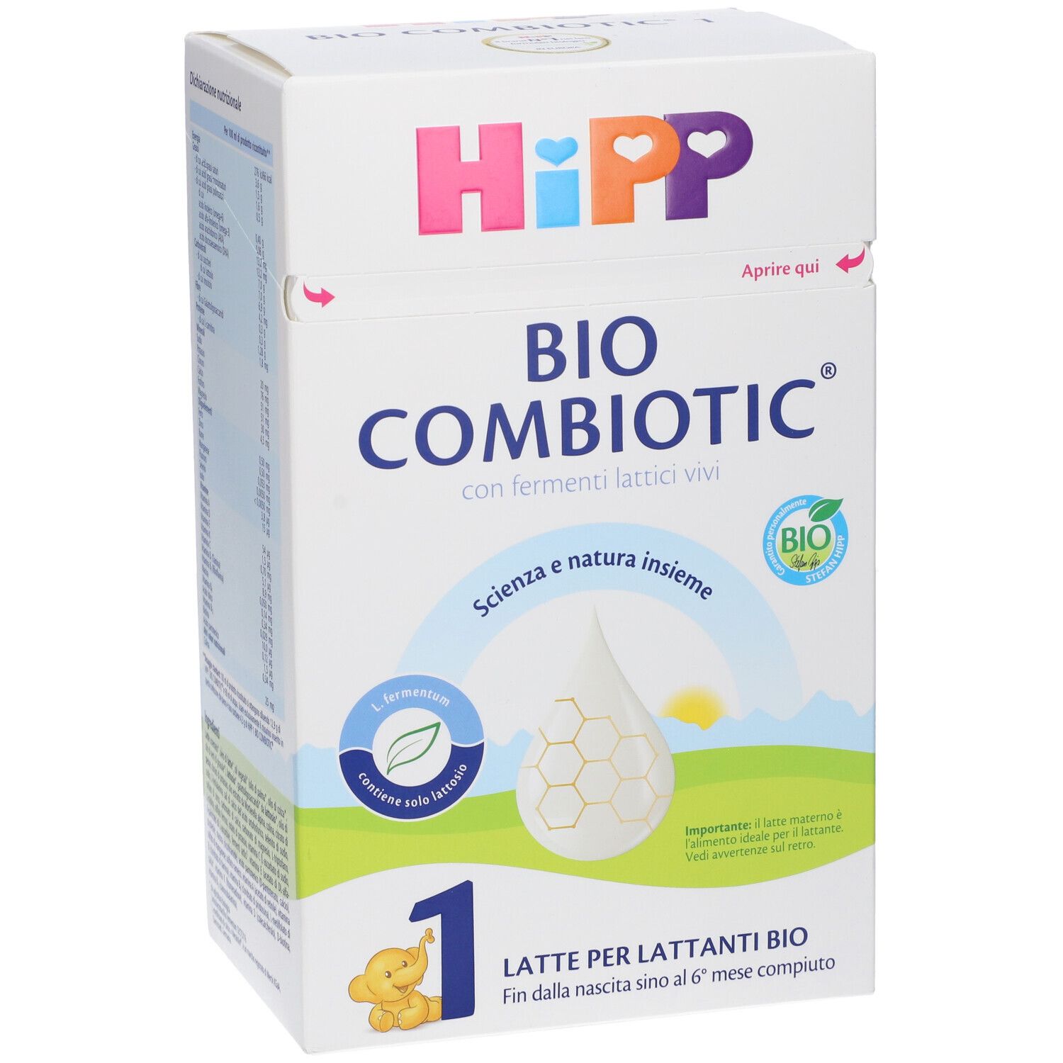 Confezione di latte in polvere Hipp Bio Combiotic 1 con logo e informazioni sul prodotto.