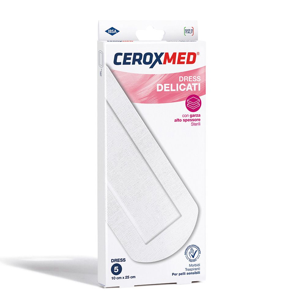 Confezione di Ceroxmed Dress Delicati. Contiene 5 medicazioni, 10x25 cm. Con medicazione morbida e trasparente per pelli sensibili.