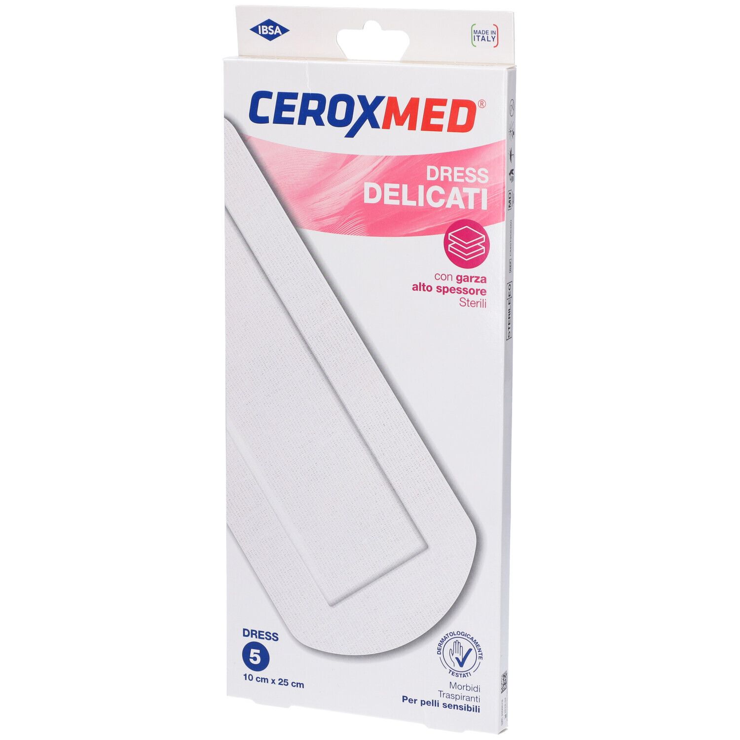 Confezione di Ceroxmed Dress Delicati. Contiene 5 medicazioni, 10x25 cm. Con medicazione morbida e trasparente per pelli sensibili.