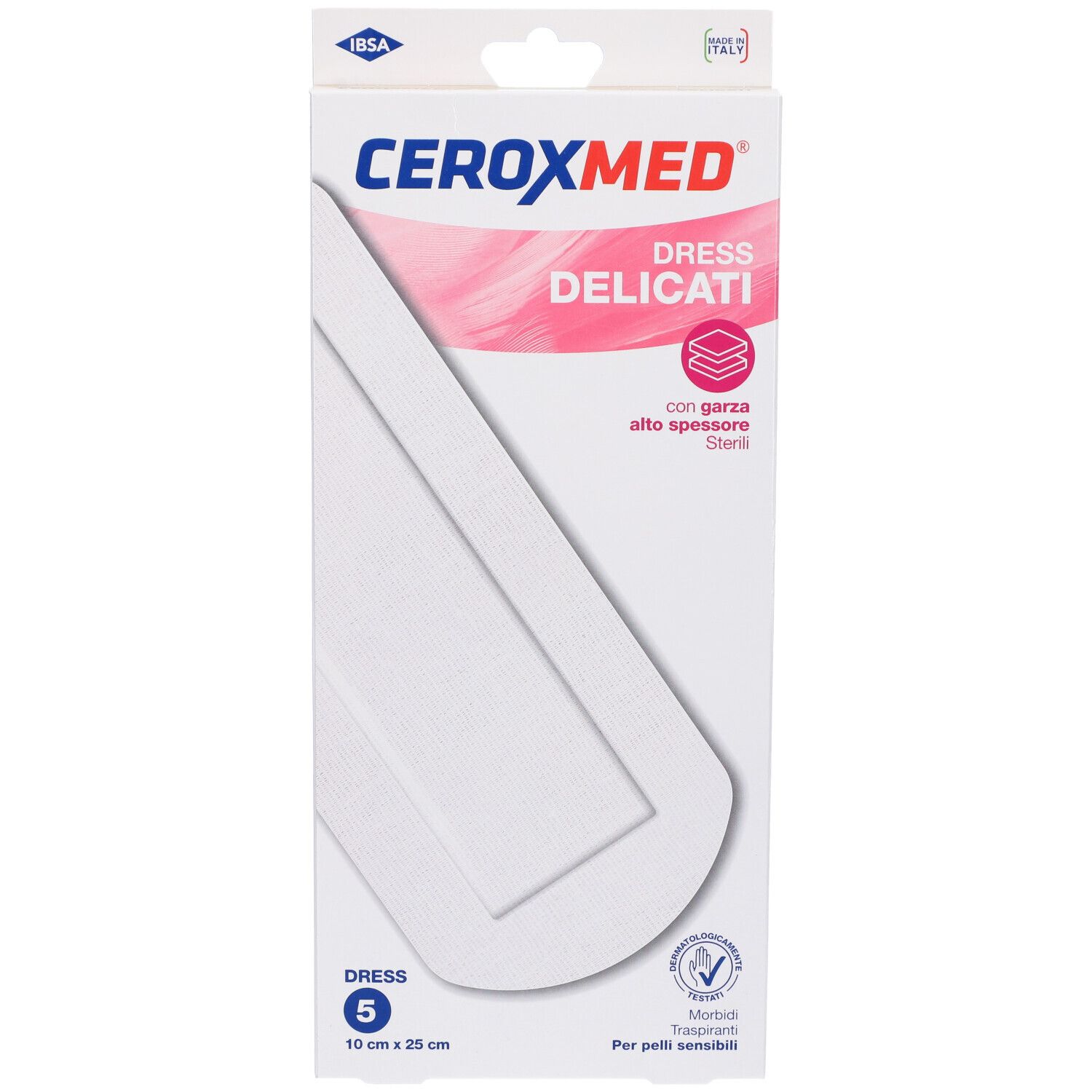 Confezione di Ceroxmed Dress Delicati. Contiene 5 medicazioni, 10x25 cm. Con medicazione morbida e trasparente per pelli sensibili.