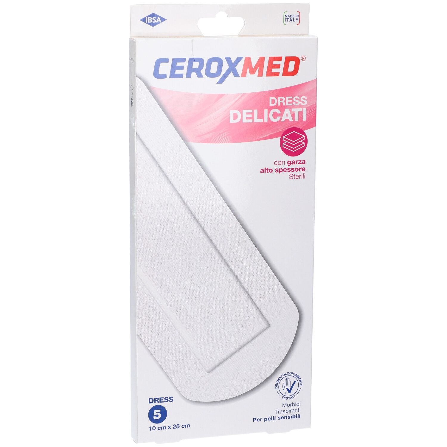 Confezione di Ceroxmed Dress Delicati. Contiene 5 medicazioni, 10x25 cm. Con medicazione morbida e trasparente per pelli sensibili.