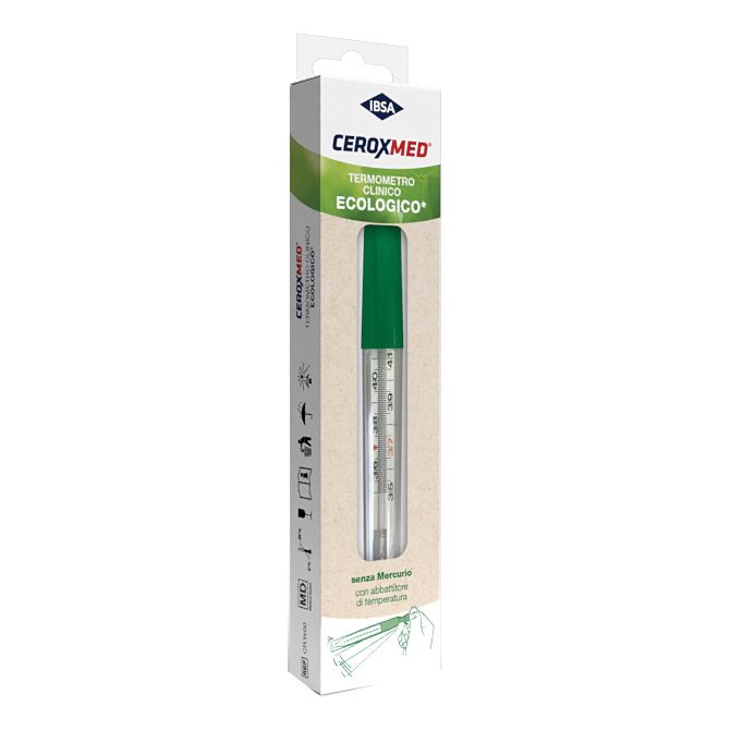 Termometro nella confezione. Astuccio verde e bianco con termometro. Scritta: Ceroxmed Termometro Clinico Ecologico.