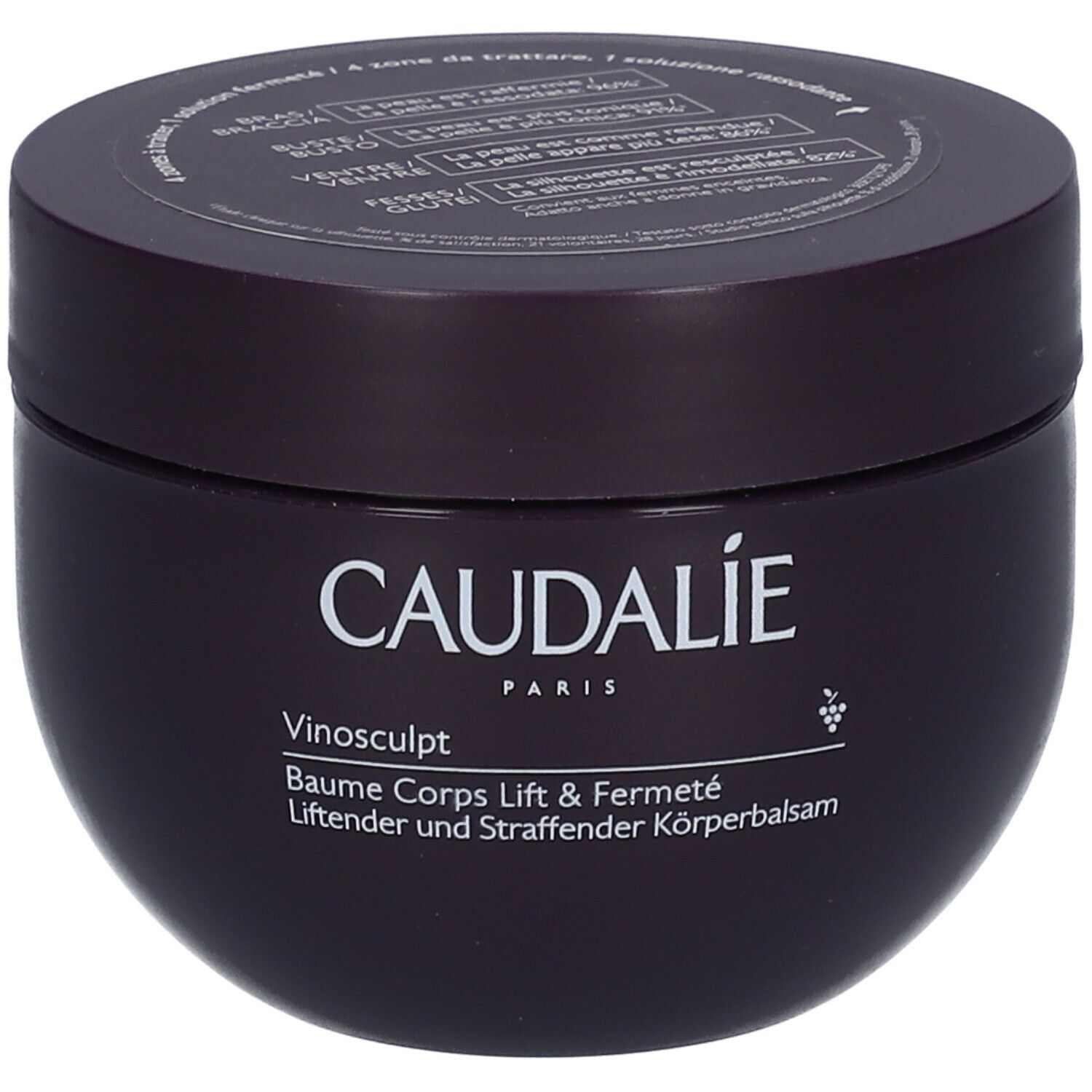 Pot de crème violet foncé avec texte blanc CAUDALIE PARIS et nom du produit. Couvercle avec texte.