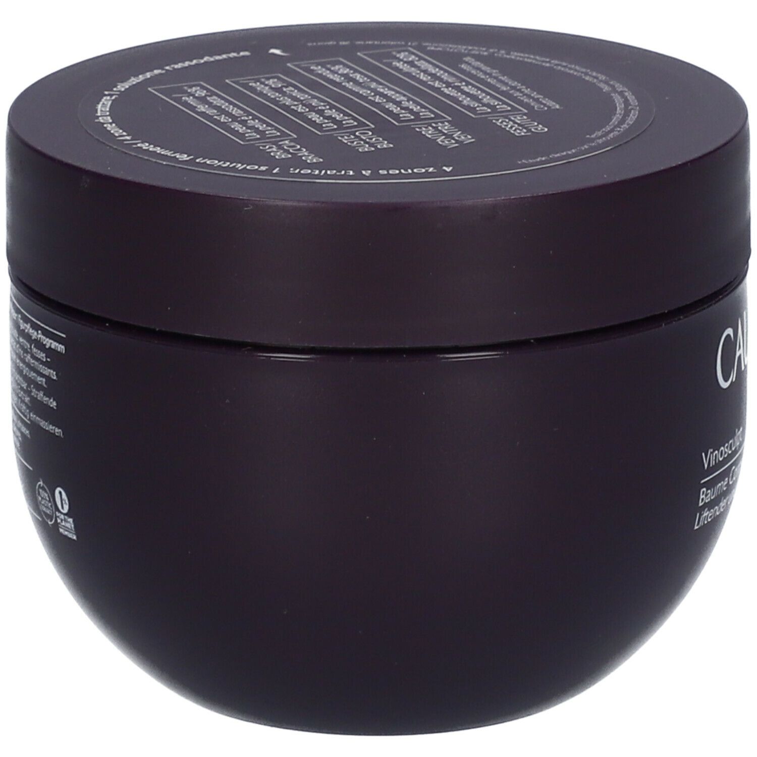 Pot de crème violet foncé avec texte blanc CAUDALIE PARIS et nom du produit. Couvercle avec texte.