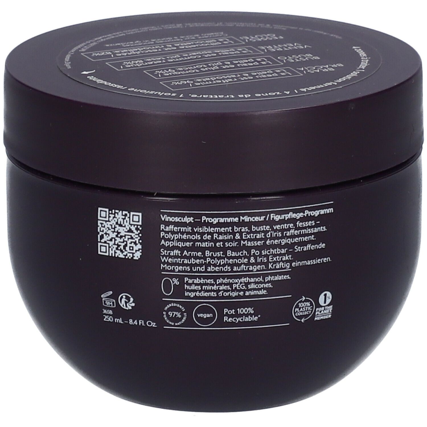 Pot de crème violet foncé avec texte blanc CAUDALIE PARIS et nom du produit. Dos avec texte.