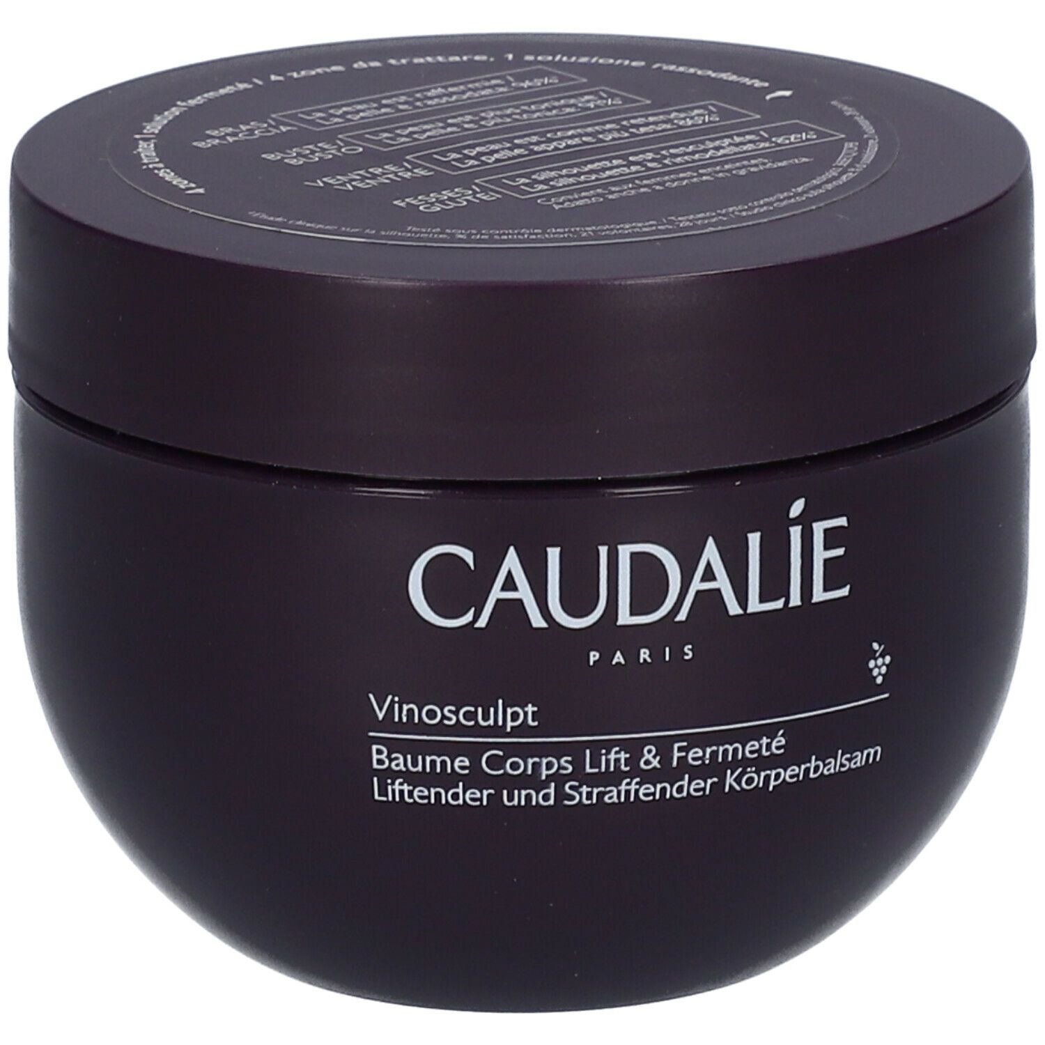 Pot de crème violet foncé avec texte blanc CAUDALIE PARIS et nom du produit. Dos avec texte.