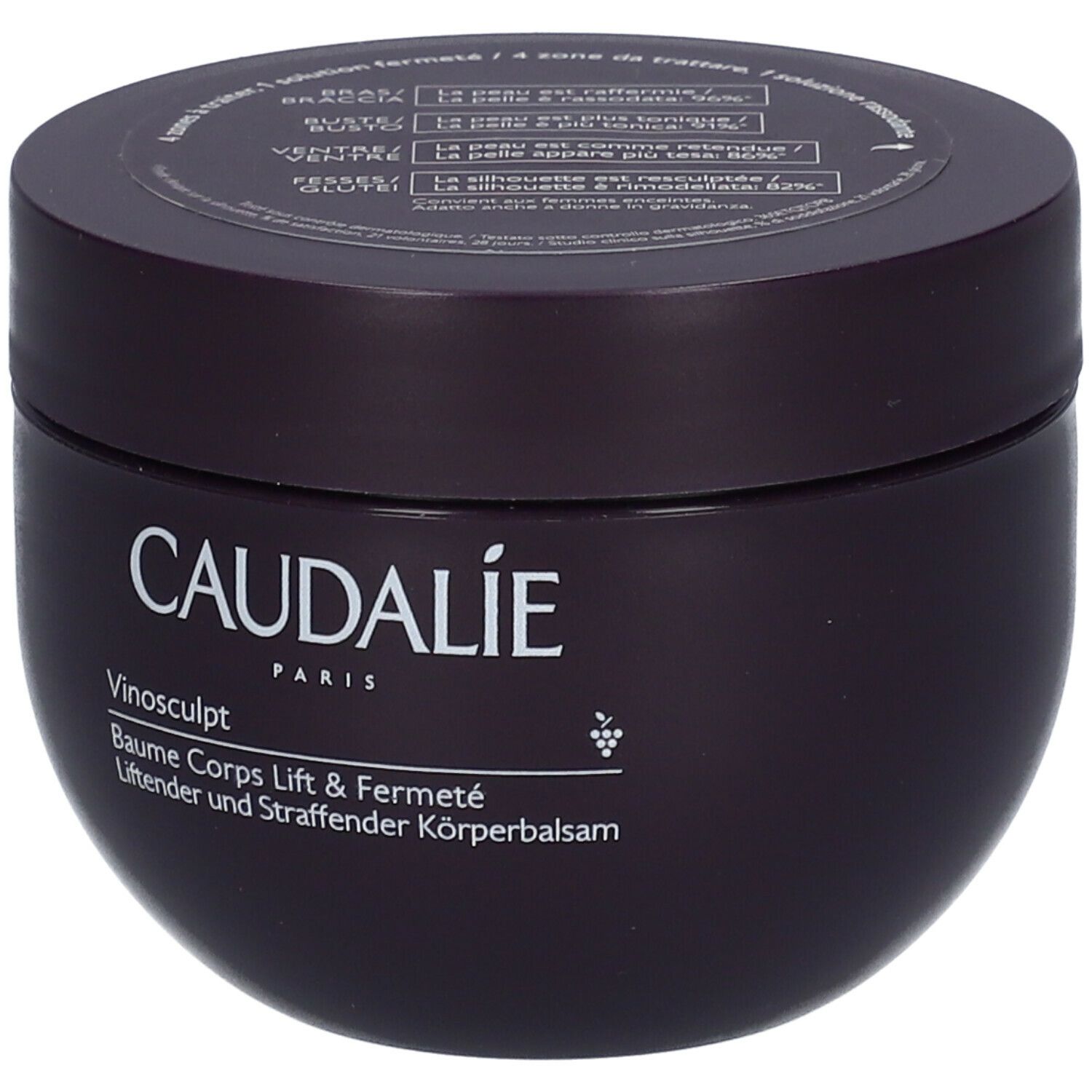 Pot de crème violet foncé avec texte blanc CAUDALIE PARIS et nom du produit. Couvercle avec texte.