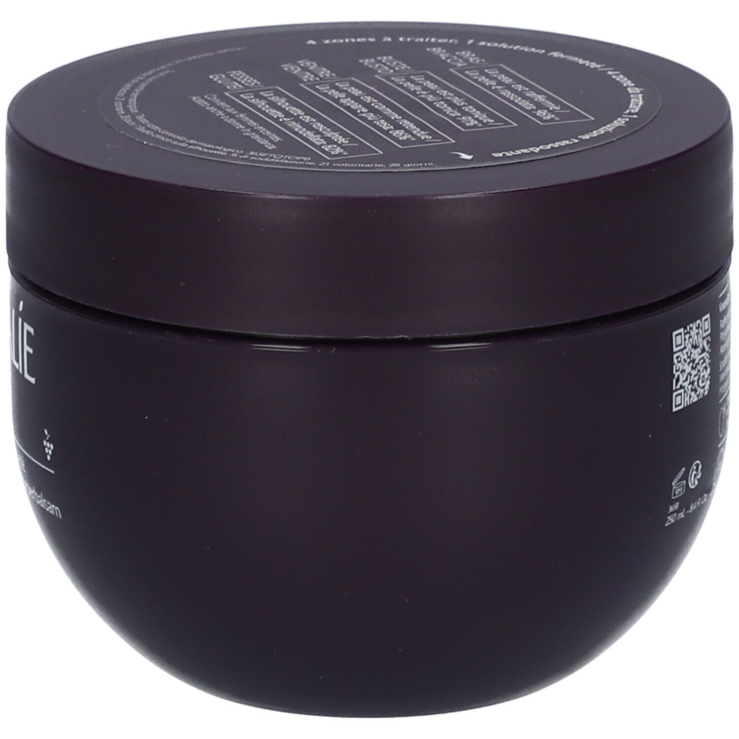 Pot de crème violet foncé avec texte blanc CAUDALIE PARIS et nom du produit. Côté avec texte.