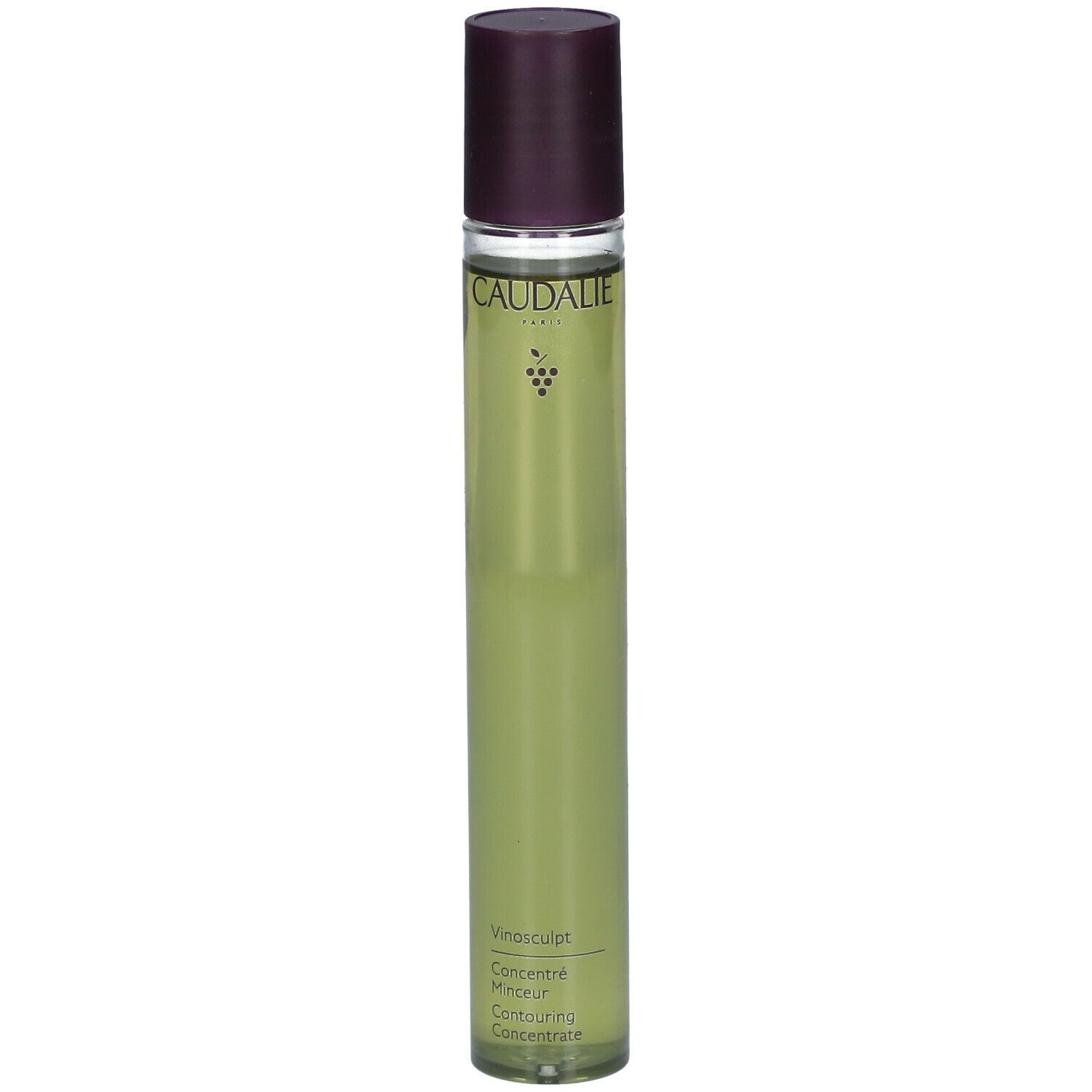 Flacone cilindrico con tappo viola. Scritta CAUDALIE e logo uva. Nome prodotto: Vinosculpt Concentré Minceur.