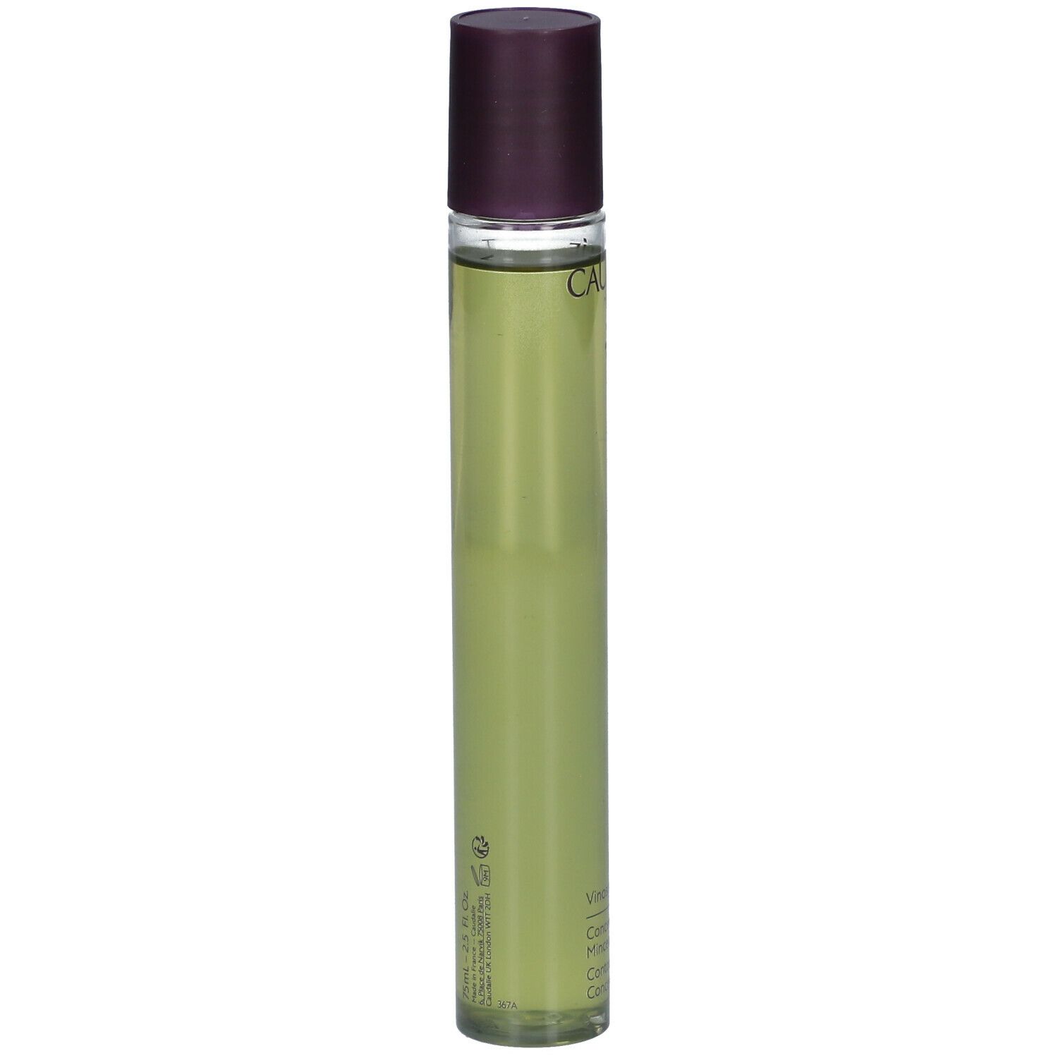 Flacone cilindrico con tappo viola. Scritta CAUDALIE e logo uva. Nome prodotto: Vinosculpt Concentré Minceur.