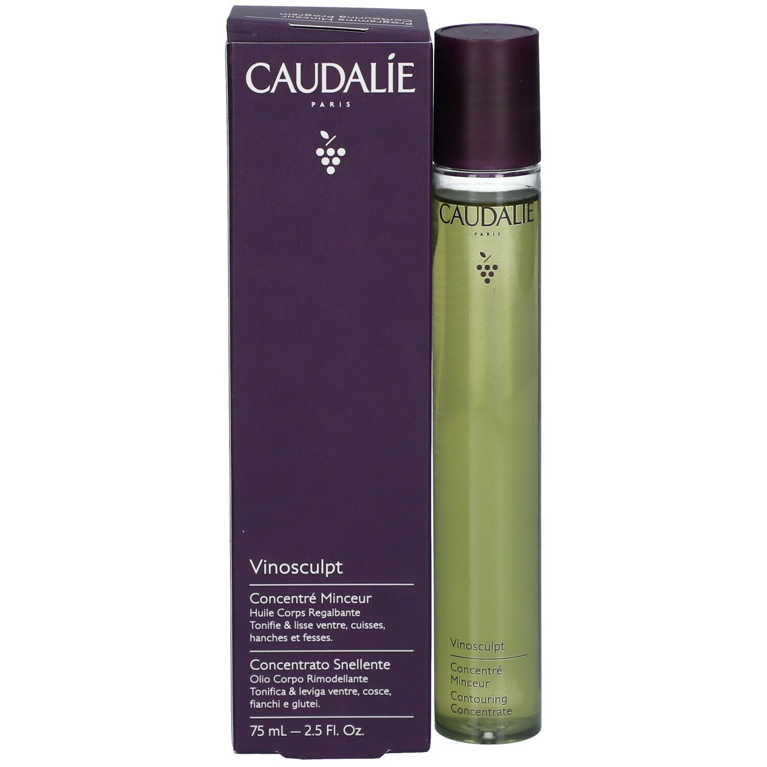 Confezione del prodotto con sfondo viola. Scritta CAUDALIE e logo uva. Nome prodotto: Vinosculpt Concentré Minceur.