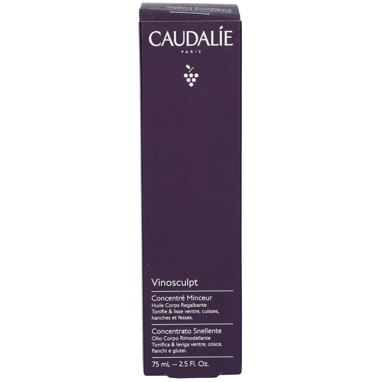 Confezione del prodotto con sfondo viola. Scritta CAUDALIE e logo uva. Nome prodotto: Vinosculpt Concentré Minceur.