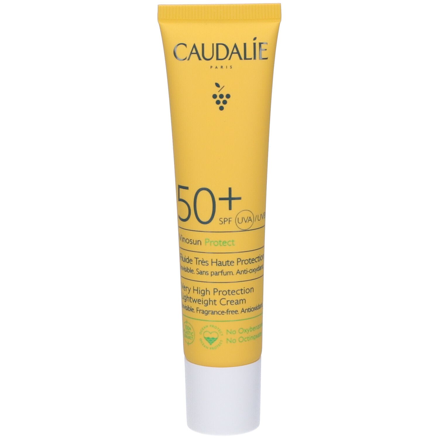 Tubo giallo con tappo bianco. Logo Caudalie e informazioni sul prodotto. SPF 50+.