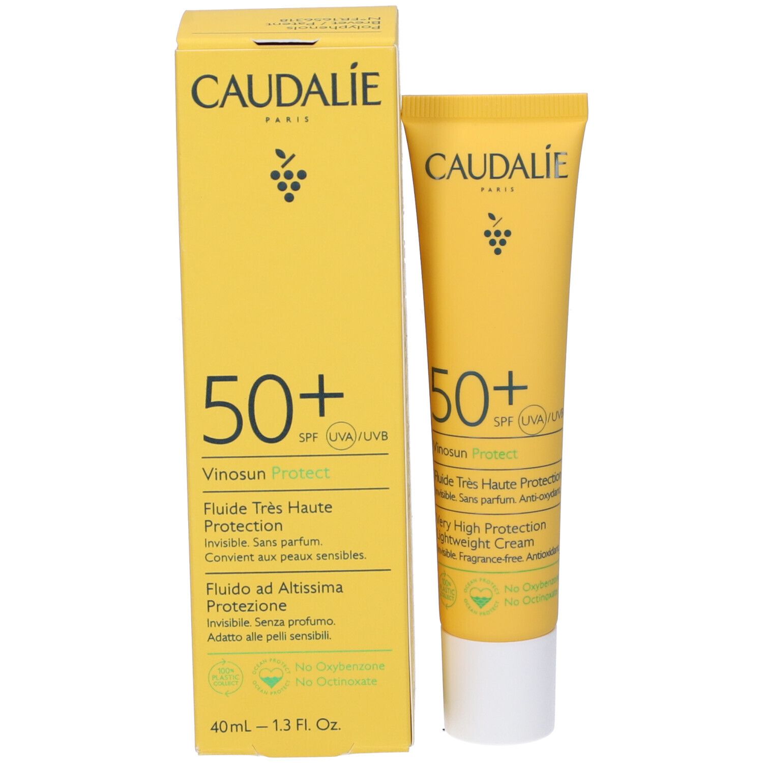 Confezione del prodotto con tubo. Logo Caudalie, SPF 50+, informazioni sul prodotto. 40ml.