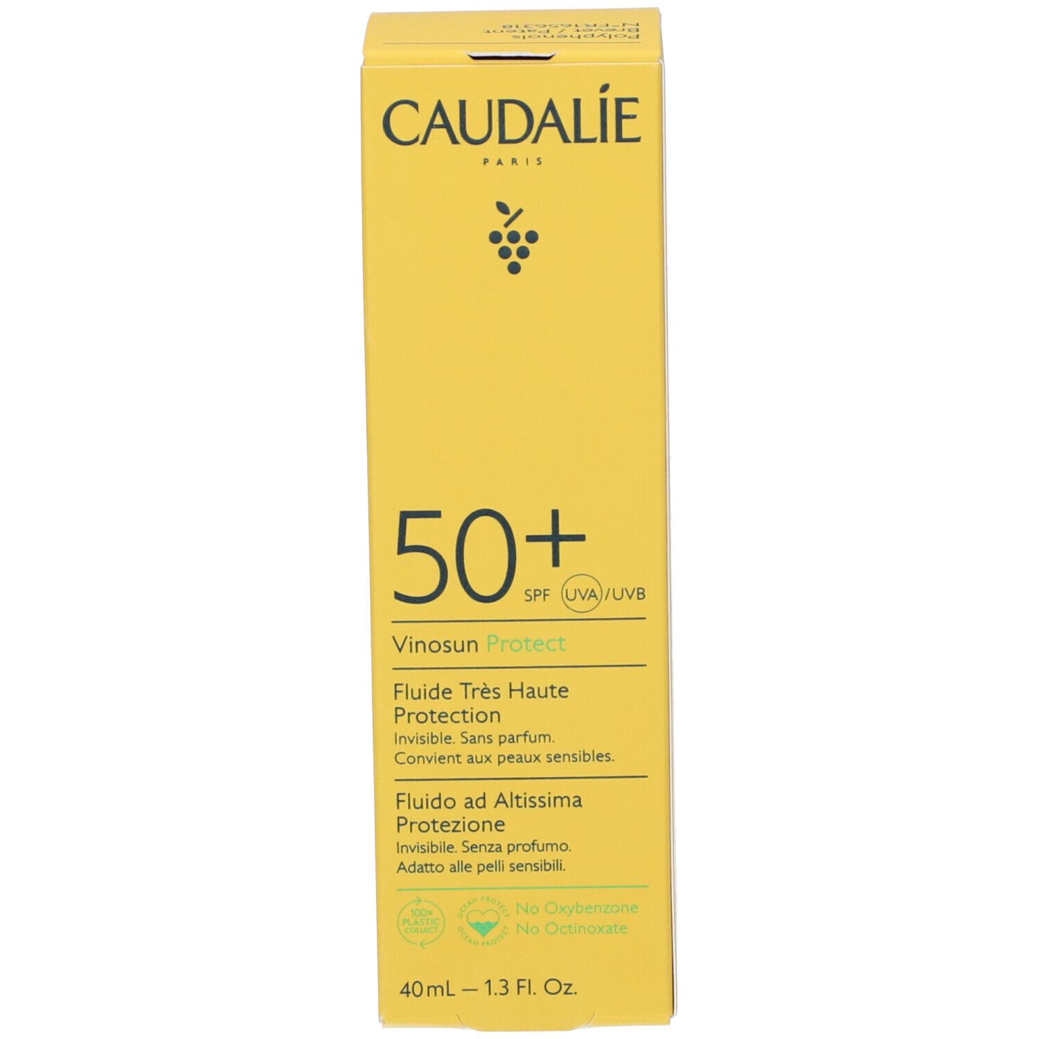 Confezione del prodotto. Logo Caudalie, SPF 50+, informazioni sul prodotto. 40ml.