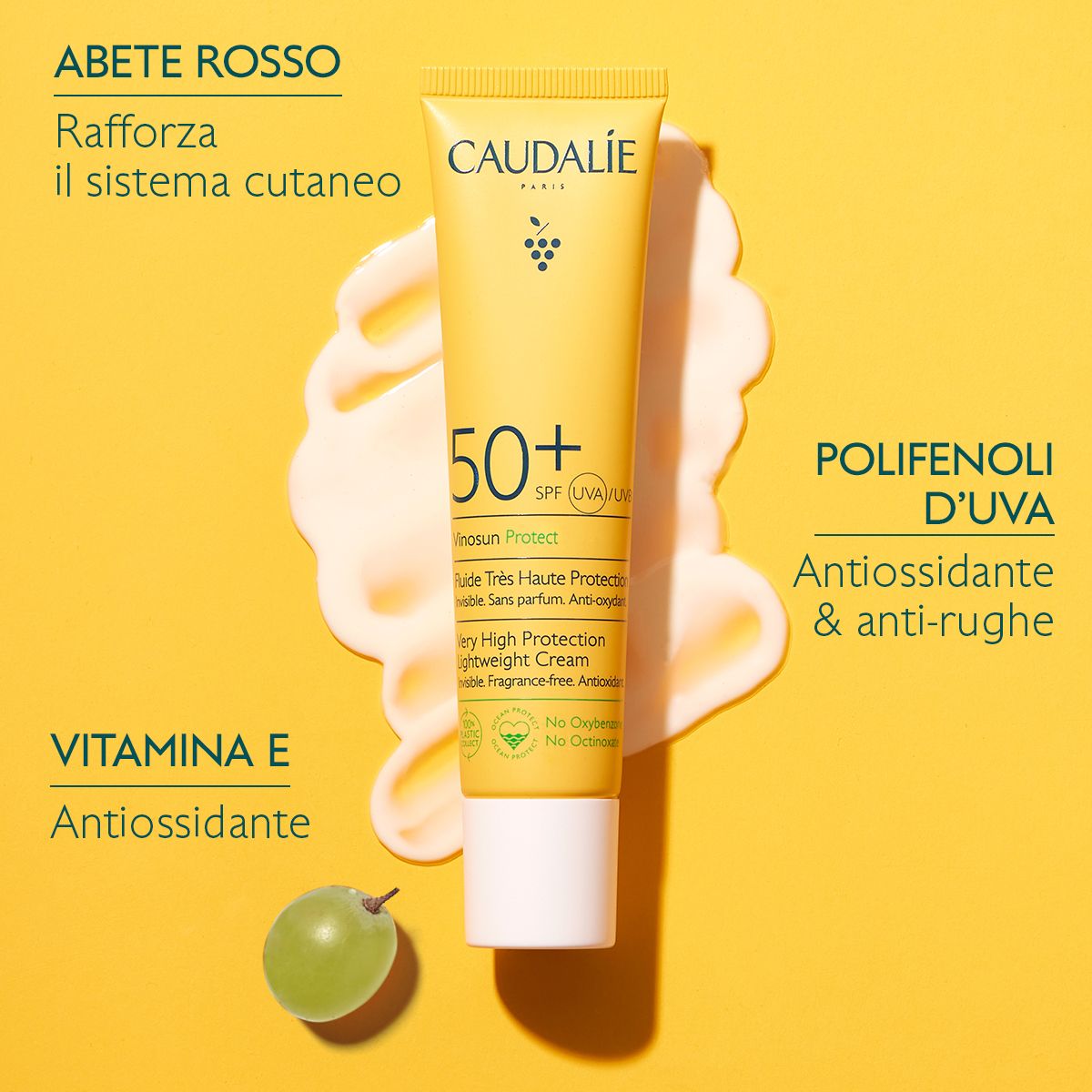 Tubo giallo con prodotto. Testo e ingredienti. Vitamina E e polifenoli d'uva.