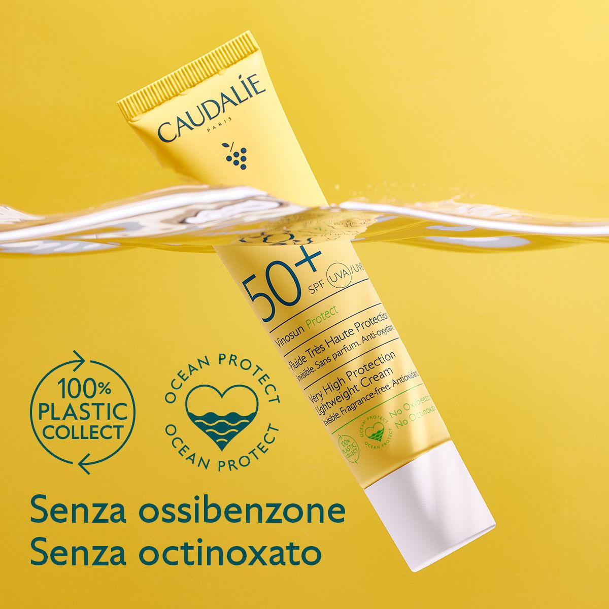 Tubo giallo in acqua. Testo: Senza ossibenzone, senza ottinoxato. Logo Ocean Protect.
