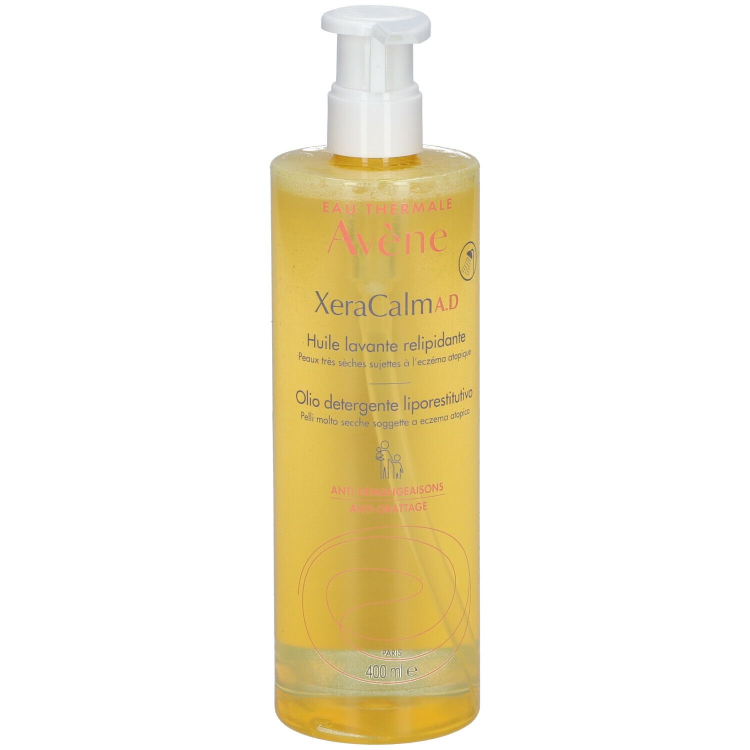 Flacone giallo con dosatore. Scritta: Eau Thermale Avène, XeraCalm A.D. Oilo detergente liporestitutivo.