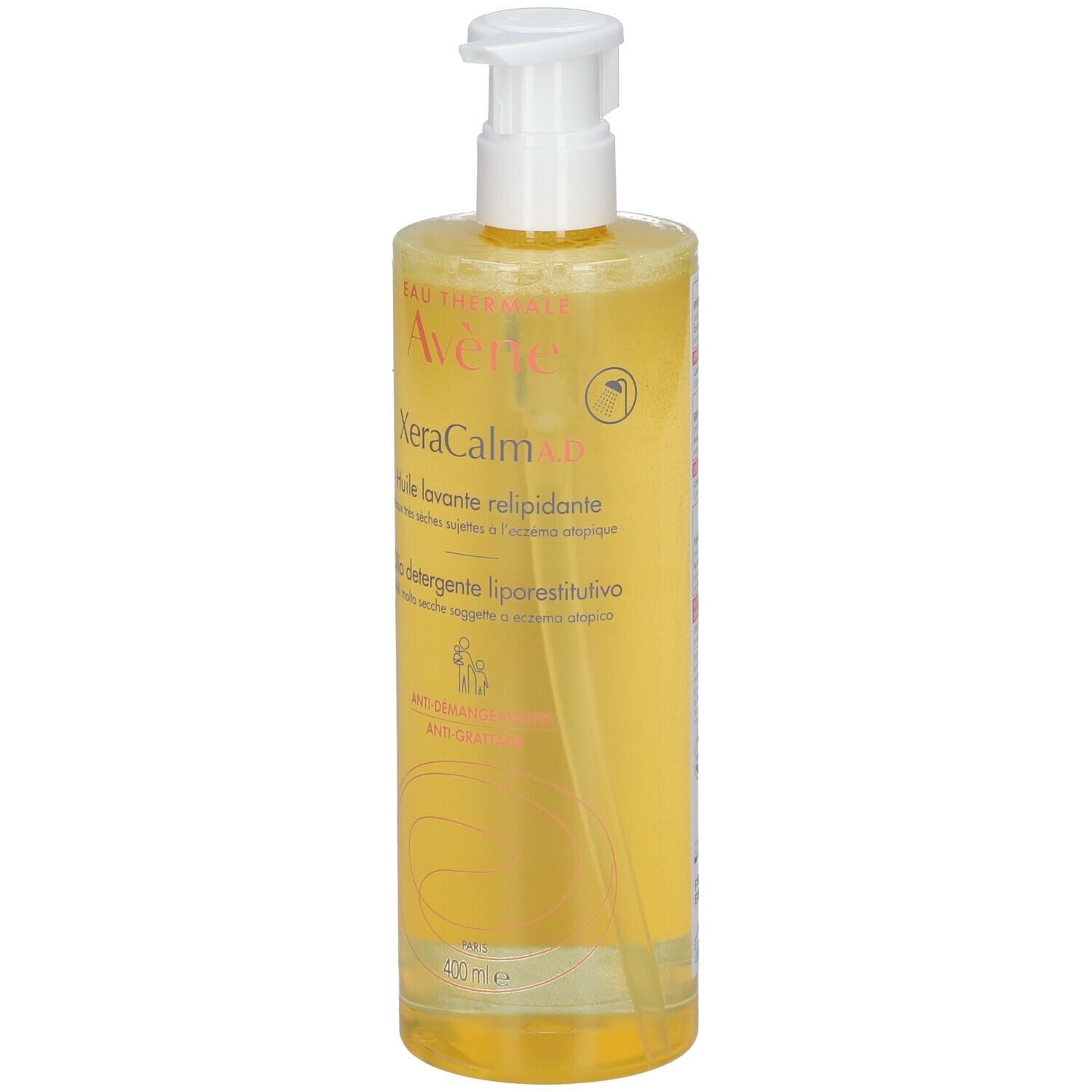 Flacone giallo con dosatore. Scritta: Eau Thermale Avène, XeraCalm A.D. Oilo detergente liporestitutivo.