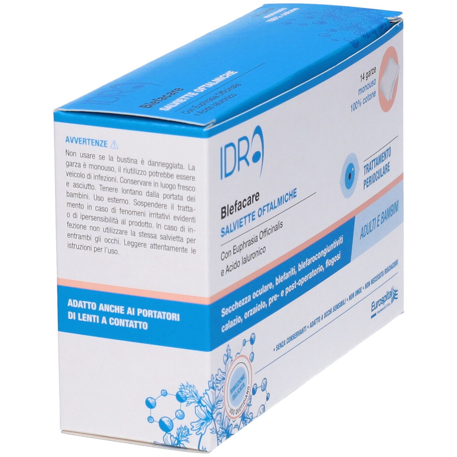 Confezione di IDRA Blefacare Salviette Oftalmiche in prospettiva. Contiene 14 garze sterili in 100% cotone. Per trattamento perioculare.