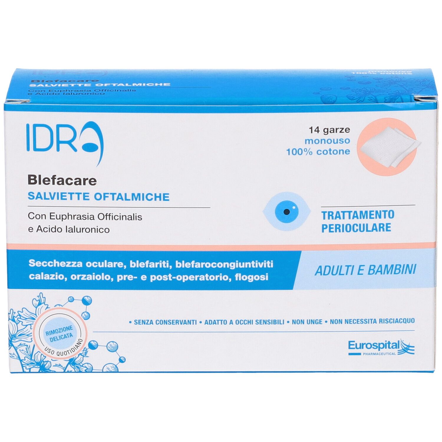 Confezione di IDRA Blefacare Salviette Oftalmiche. Contiene 14 garze sterili in 100% cotone. Per trattamento perioculare.