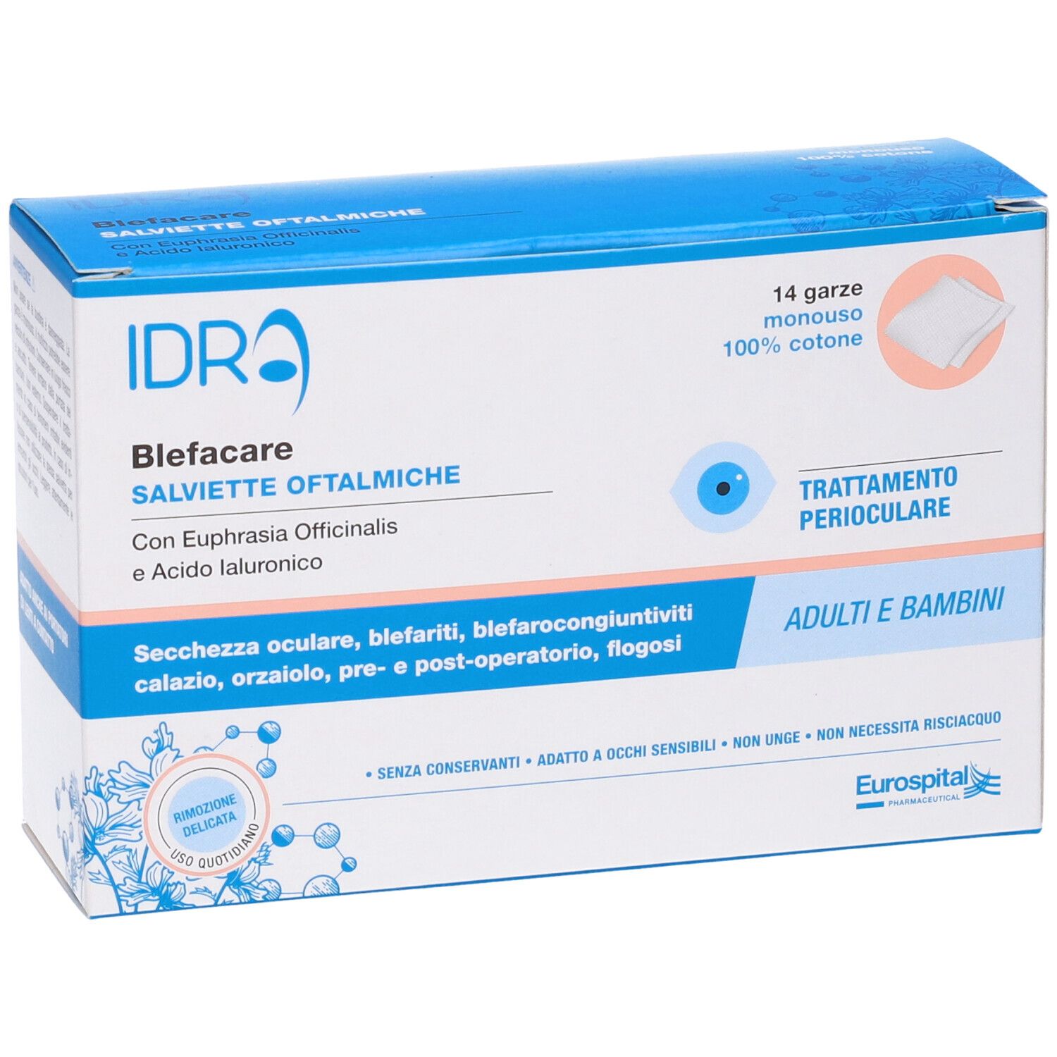 Confezione di IDRA Blefacare Salviette Oftalmiche. Contiene 14 garze sterili in 100% cotone. Per trattamento perioculare.
