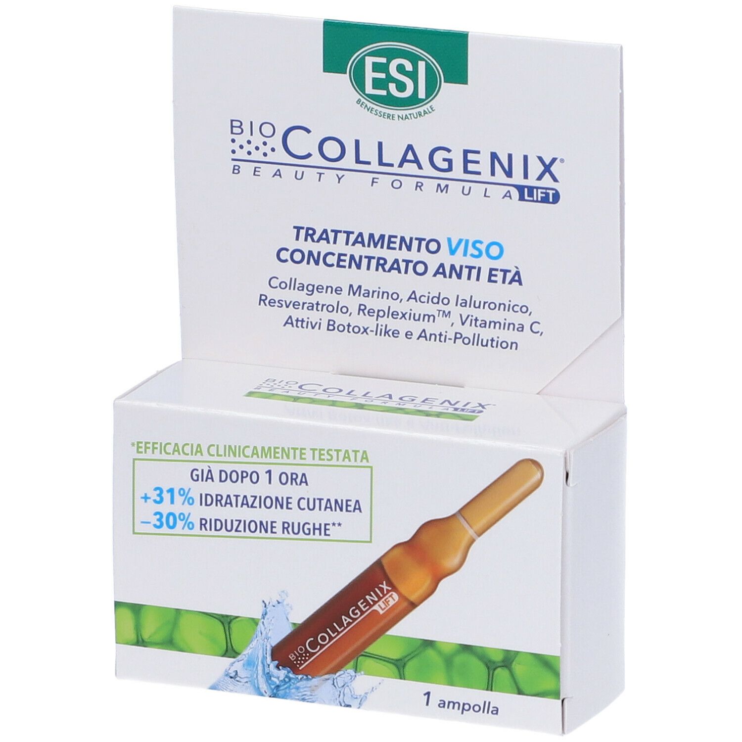 Confezione con fiala. ESI Biocollagenix. Testo: Trattamento Viso Concentrato Anti Età. 1 fiala.