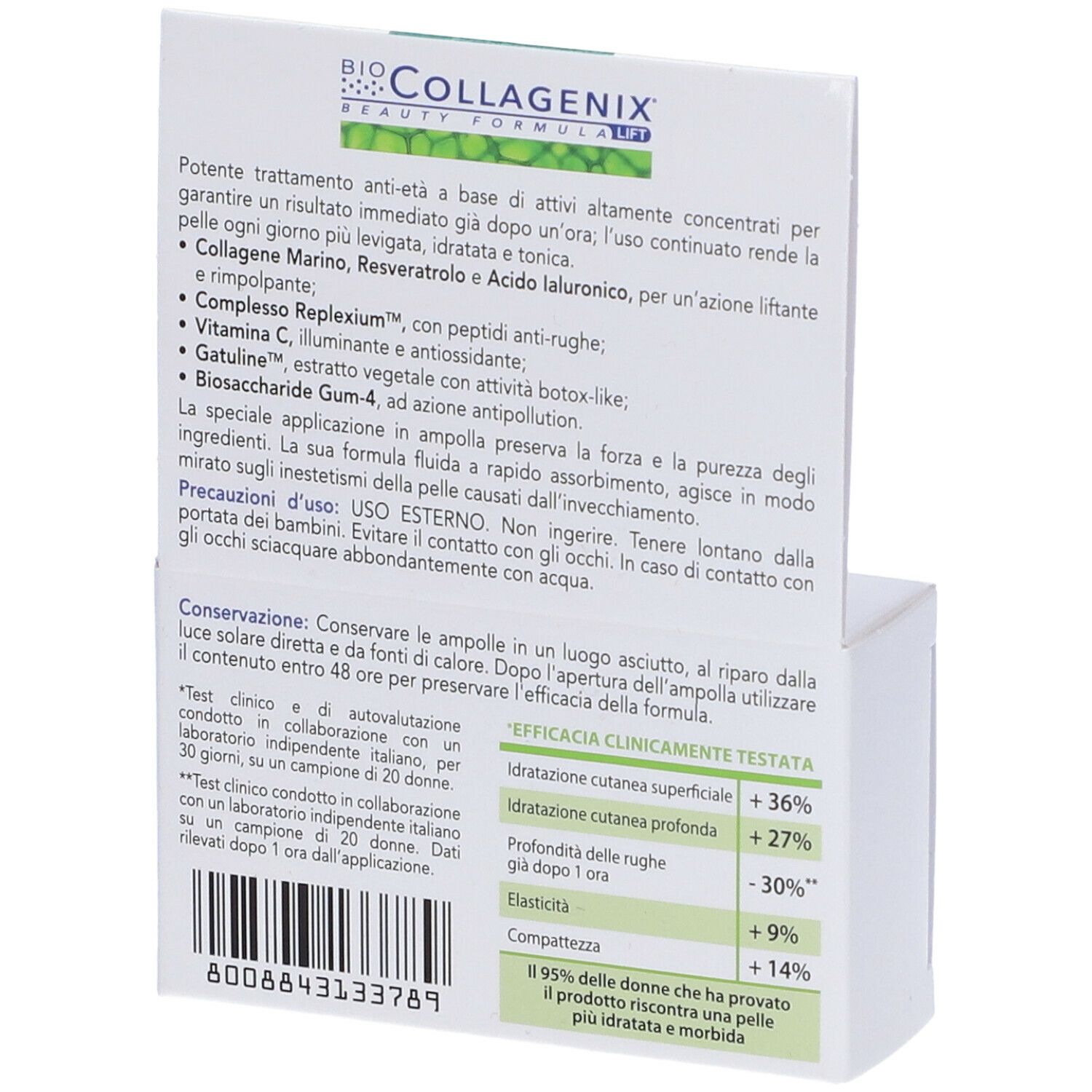 Retro della confezione. ESI Biocollagenix. Testo con ingredienti e istruzioni per l'uso.