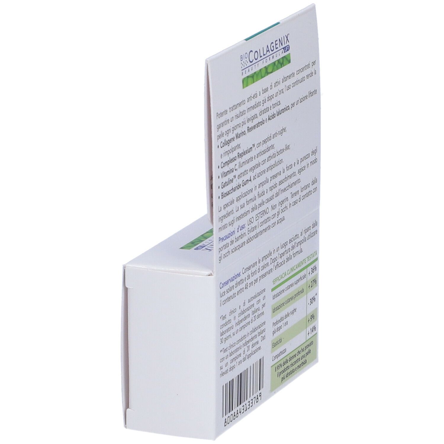 Vista laterale della confezione. ESI Biocollagenix. Testo con ingredienti e istruzioni per l'uso.