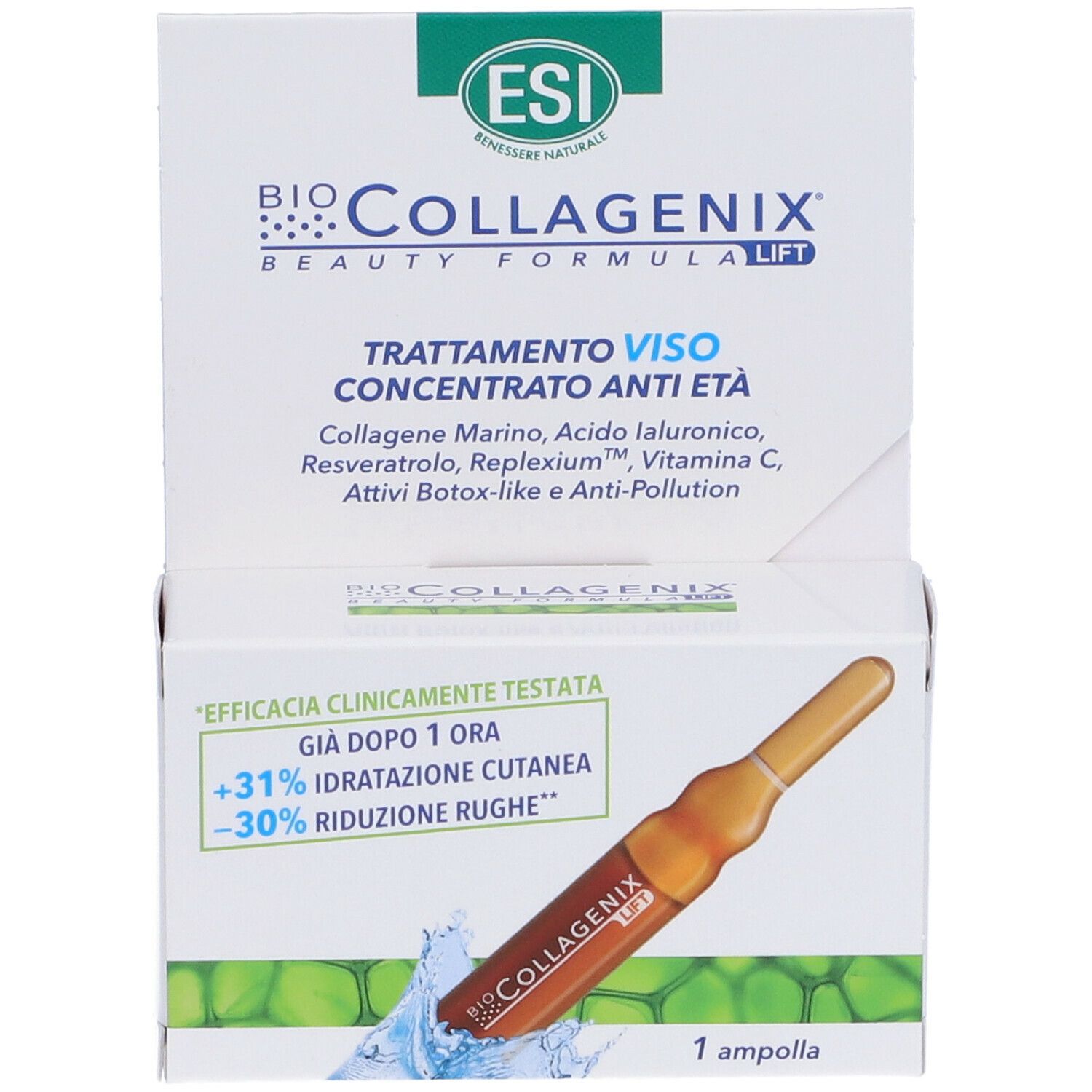 Confezione con fiala. ESI Biocollagenix. Testo: Trattamento Viso Concentrato Anti Età. 1 fiala.