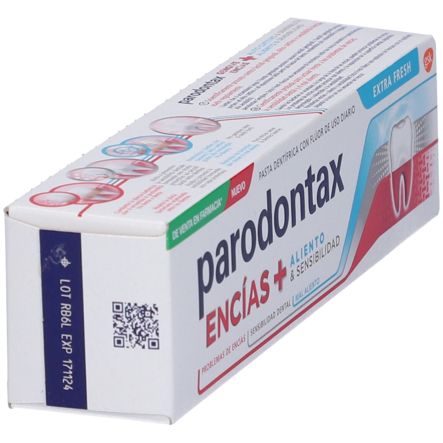 Scatola di dentifricio in diagonale. Nome del prodotto e 'Extra Fresh' visibili. Design bianco, rosso e blu. Codice QR.