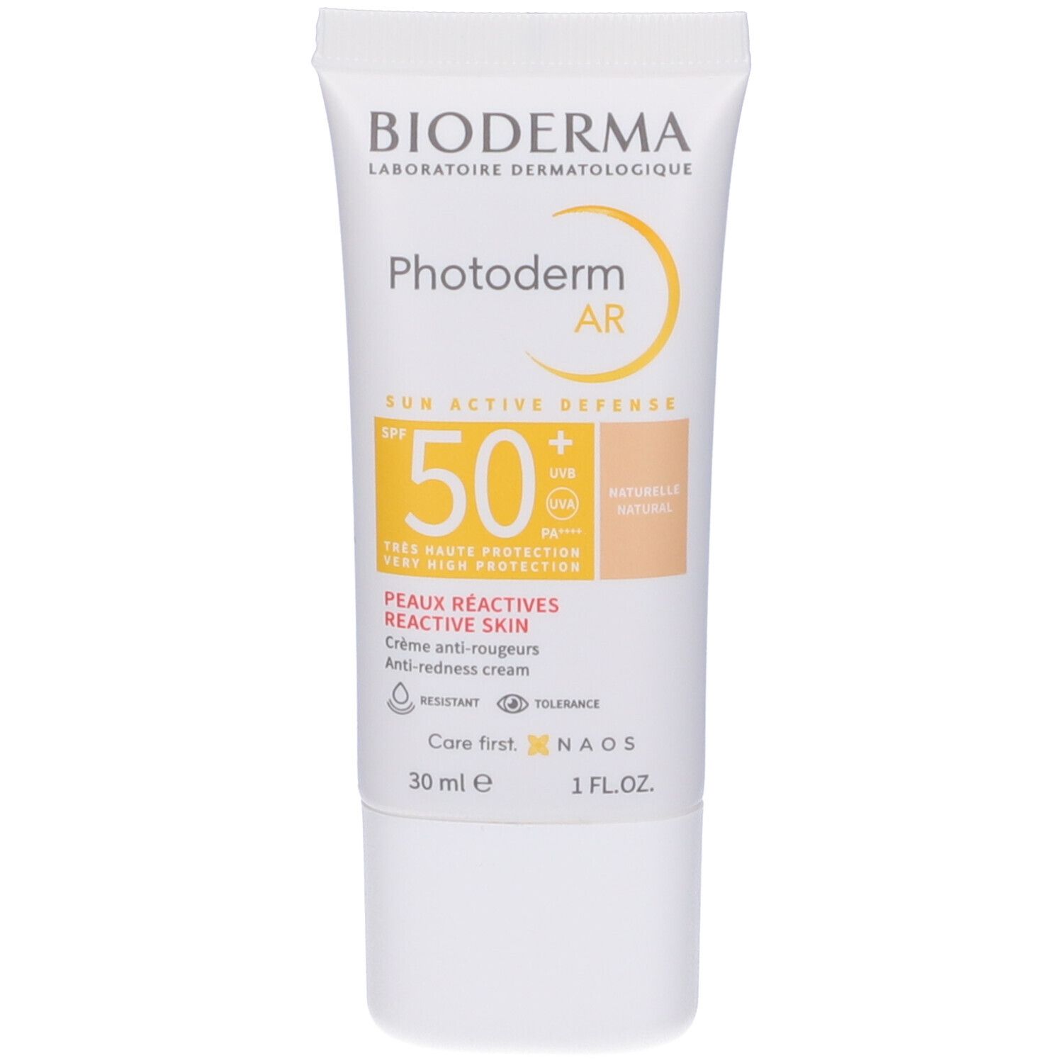 Crema solare BIODERMA Photoderm AR. Tubo bianco con dettagli gialli e rossi. SPF 50. Per pelli sensibili.