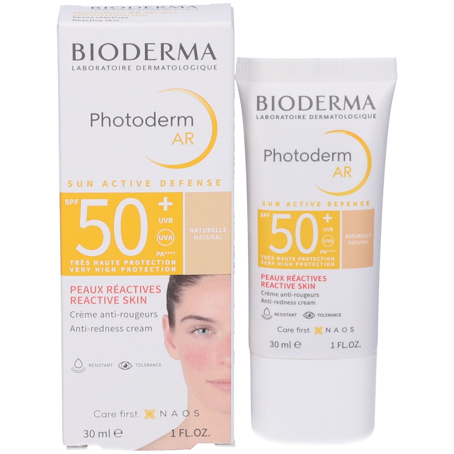 Crema solare BIODERMA Photoderm AR e confezione. Tubo e scatola. SPF 50. Per pelli sensibili.