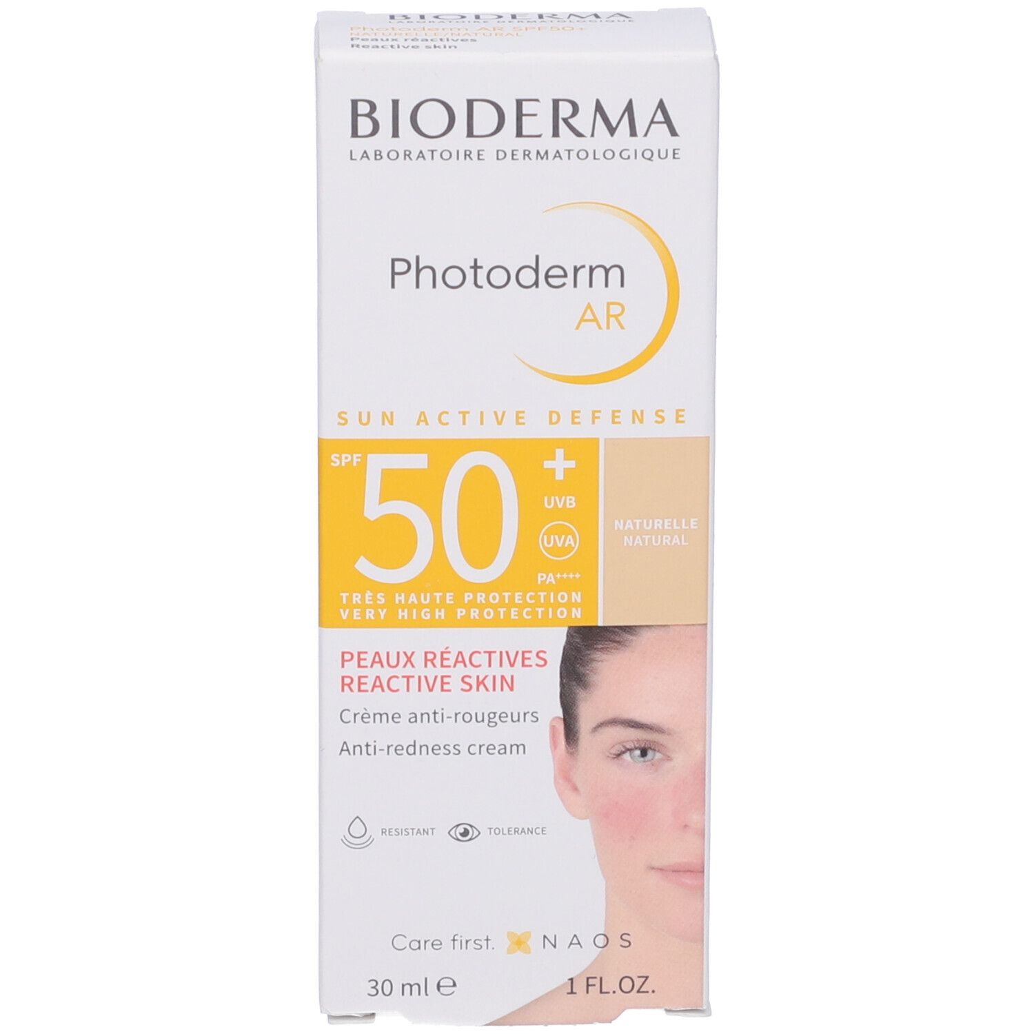 Confezione della crema solare BIODERMA Photoderm AR. Scatola con immagine e informazioni. SPF 50.