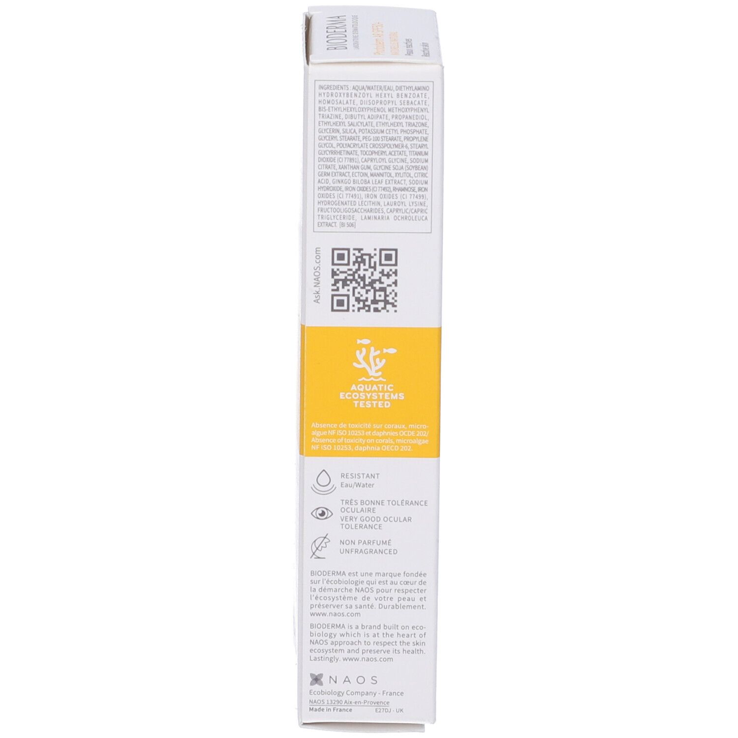 Lato della confezione BIODERMA Photoderm AR. Testo e loghi. Informazioni sugli ingredienti e la qualità.