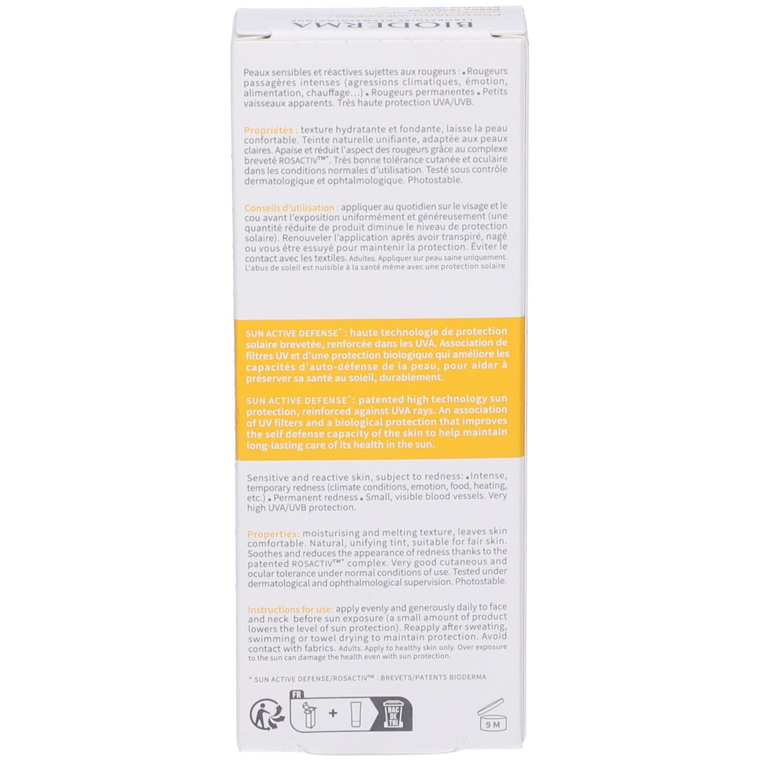 Retro della confezione BIODERMA Photoderm AR. Testo multilingue. Informazioni e utilizzo del prodotto.